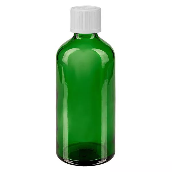 Apoteksflaska grön 100ml droppflaska vit barnskyddande standard Apoteksflaska grön 100ml droppflaska vit barnskyddande standard