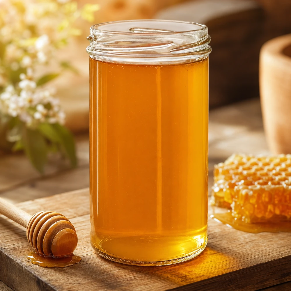 277ml Krossade glasögon utan lock (TO66) UNiTWIST UNiTWIST Sturzglas 277ml mit goldenem Honig gefüllt auf Holzbrett mit Honiglöffel und Waben - perfekt für Marmelade und