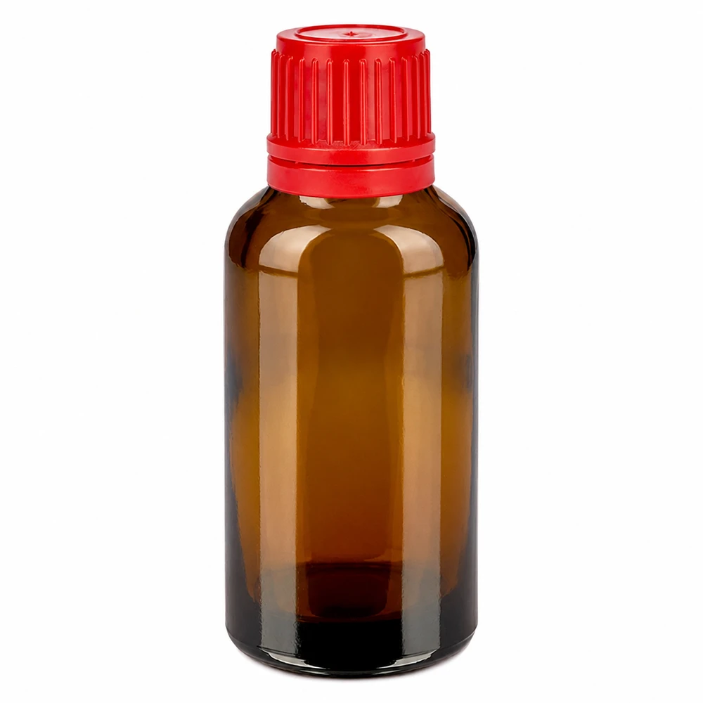 30ml flaska 11mm skruvkork röd med säkerhetsförslutning BrownLine UT18/30 30 ml brun glasflaska med rött skruvlock för eteriska oljor och tinkturer