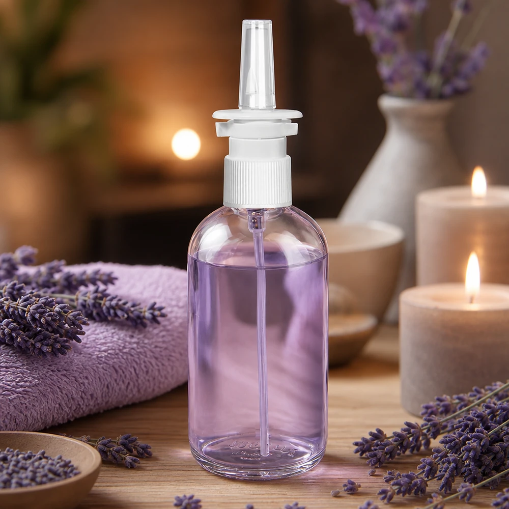 100 ml ClearLine-nässprayflaska fylld med lila lavendelfluid i en avkopplande miljö