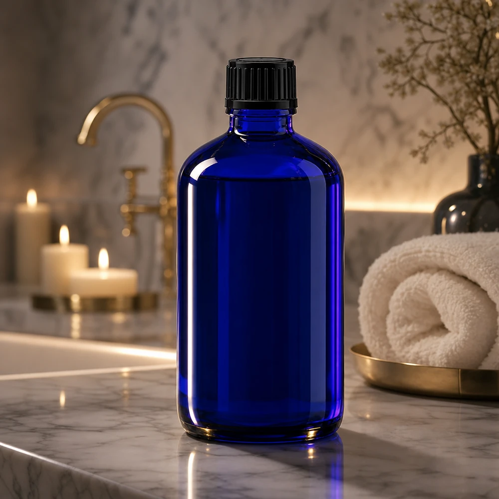 Apoteksflaska blå 100ml skruvkork svart standard Blå glasflaska på 100 ml med svart skruvlock på vit marmor i badrummet
