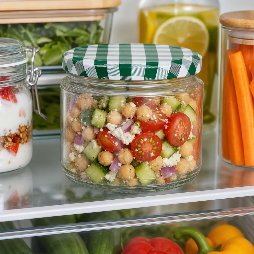 330ml rund burk + BasicSeal lock grön/vit UNiTWIST 330ml Rundglas mit Kichererbsen-Salat im Kühlschrank, grün-weißer BasicSeal Deckel, Meal Prep und Frischhaltung
