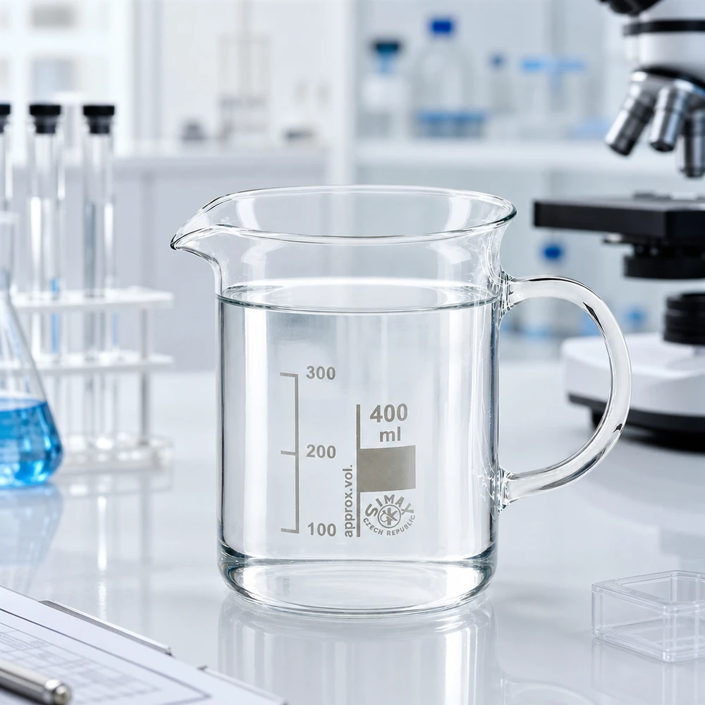 Genomskinligt bägarglas på 400 ml med handtag i en professionell laboratoriemiljö på en vit arbetsyta