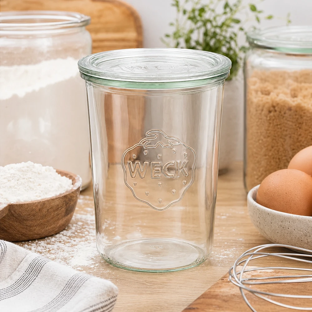 850 ml burk med glaslock WECK RR100 WECK konserveringsburk 850ml RR100 i köksmiljö med mjöl ägg och köksredskap tummelburk med glaslock