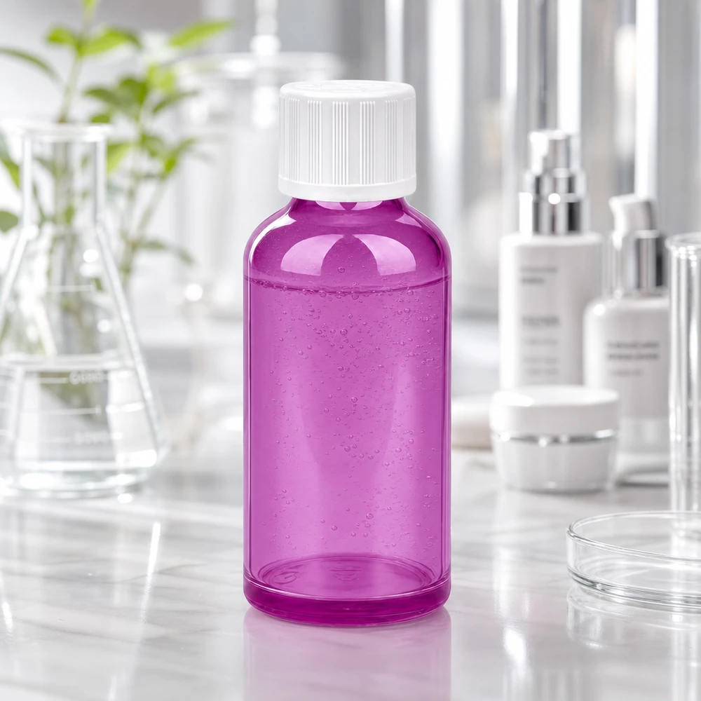 50 ml flaska 11mm skruvkork vit standard barnsäker PurpleLine UT18/50 Högkvalitativ 50 ml plastflaska i transparent lila med räfflat vitt skruvlock