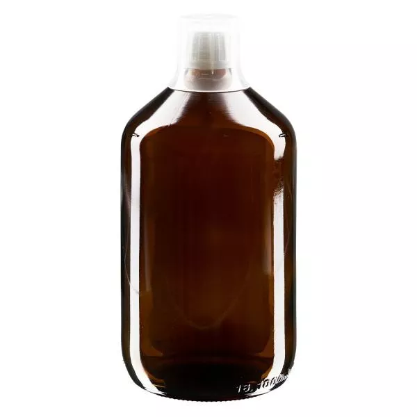 1000 ml medicinflaska brun, förslutning med säkerhetsförslutning med doseringsbägare 30 ml ApoGlas 1000 ml medicinflaska brun, förslutning med säkerhetsförslutning med doseringsbägare 30 ml ApoGlas