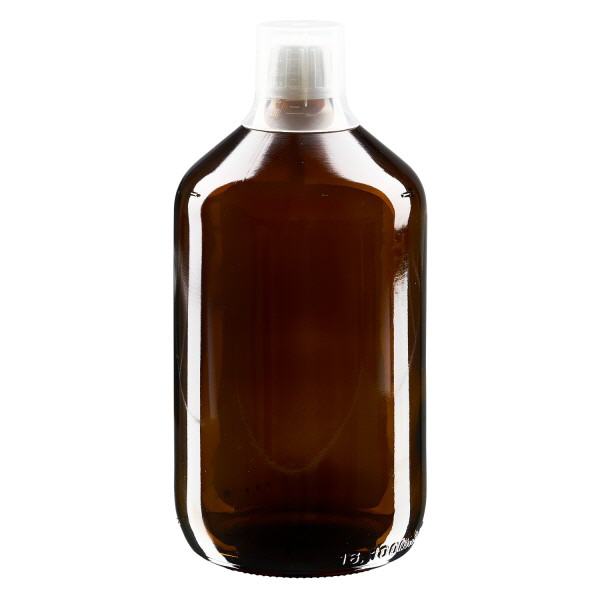 1000 ml medicinflaska brun, förslutning med säkerhetsförslutning med doseringsbägare 30 ml ApoGlas