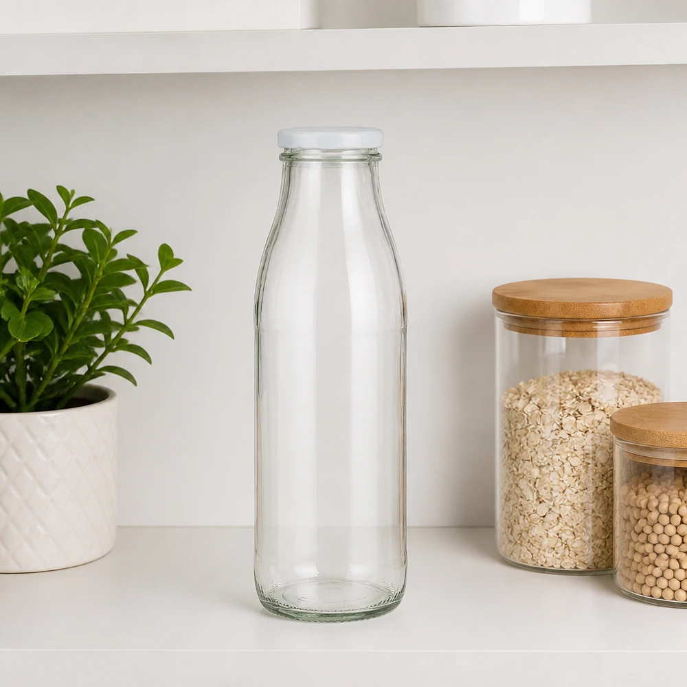 500 ml glasflaska + BasicSeal-lock vit UNiTWIST 500 ml genomskinlig glasflaska med vitt BasicSeal-lock på vit köksbänk bredvid förvaringsbehållare