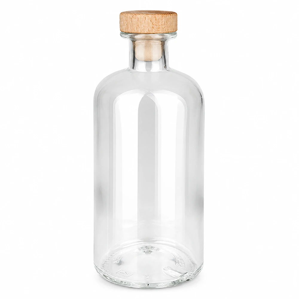 500 ml Apoteksflaska Flora med kork med trähandtag UNiTWIST® 500 ml glasflaska Flora med trähandtag kork UNiTWIST transparent tom mot en vit bakgrund