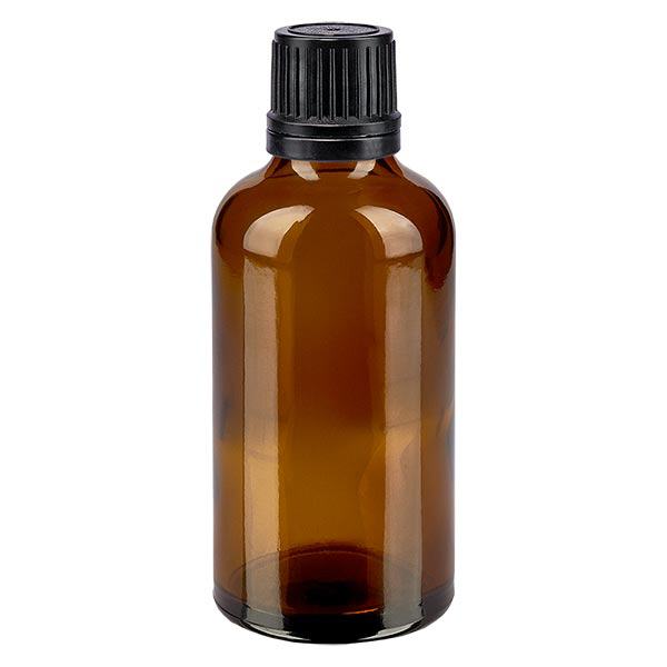 Apoteksflaska brun 50ml dropplock hällring 1mm svart manipuleringssäkert lock