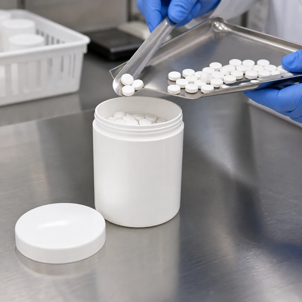 Salvburk 30g vit med vitt skruvlock (polypropylen) Farmaceutisk förpackning av vita tabletter i 30 g PP-salvburk med skruvlock