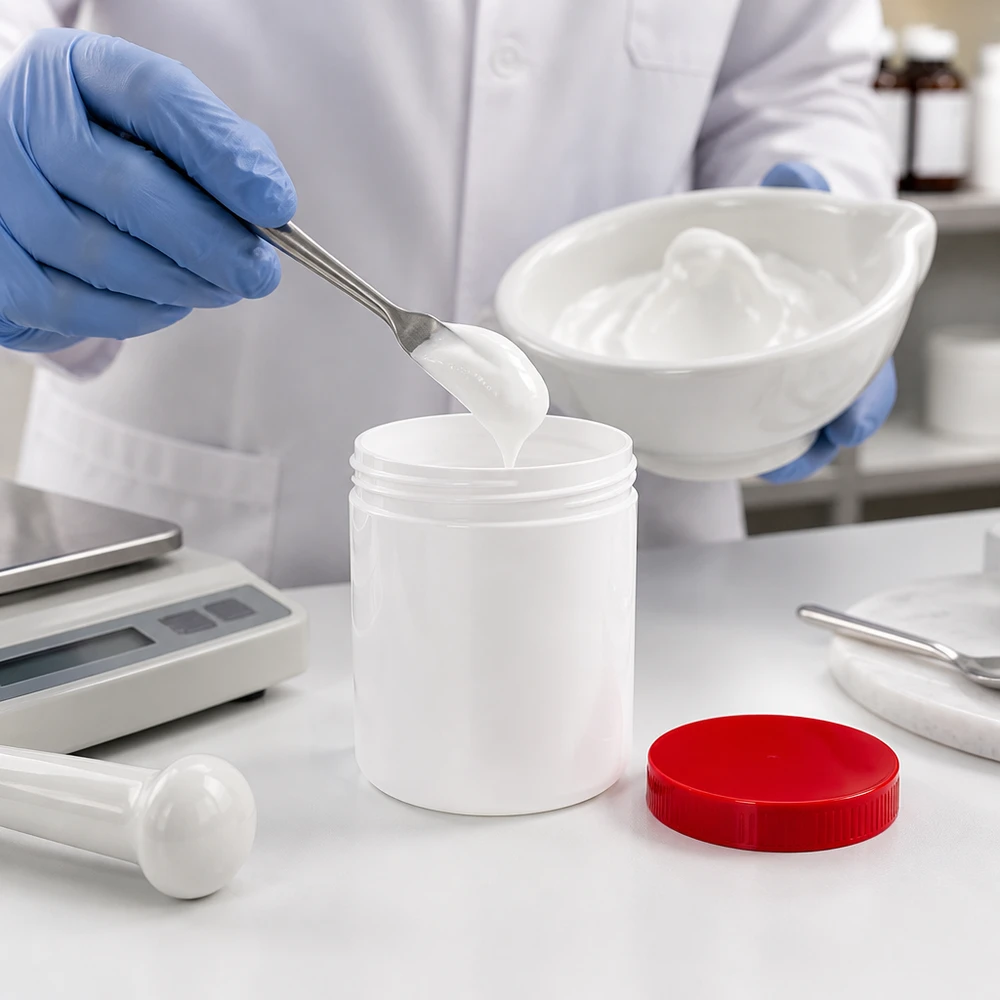 Salvburk 20g vit med rött skruvlock (polypropylen) Apotekaren fyller en 20 g-salvburk av PP med rött lock med vit salva med hjälp av en spatel