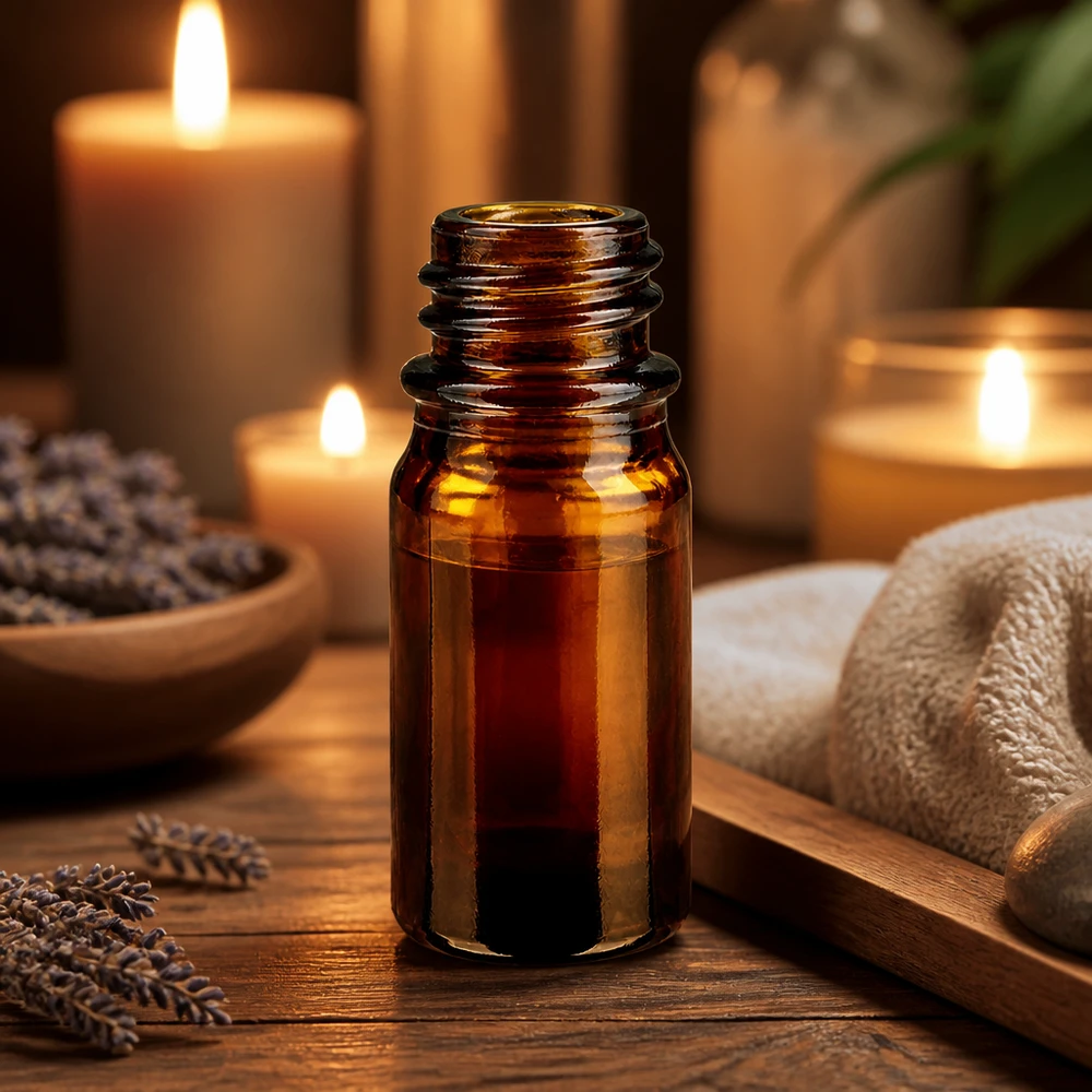5ml brun apoteksflaska ApoGlas i varmt stearinljussken med handduk och spa-dekoration på träbord