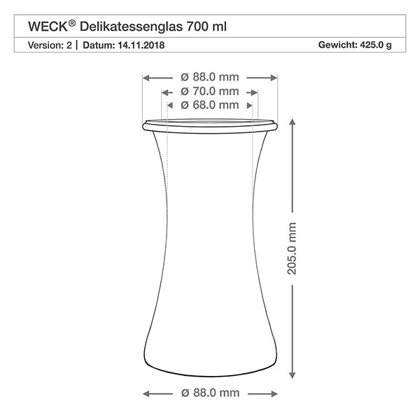 700 ml delikatessburk WECK RR80 med naturkork WECK RR80 Delikatessenglas 700ml technische Zeichnung mit Maßangaben Durchmesser 88mm Höhe 205mm Gewicht 425g