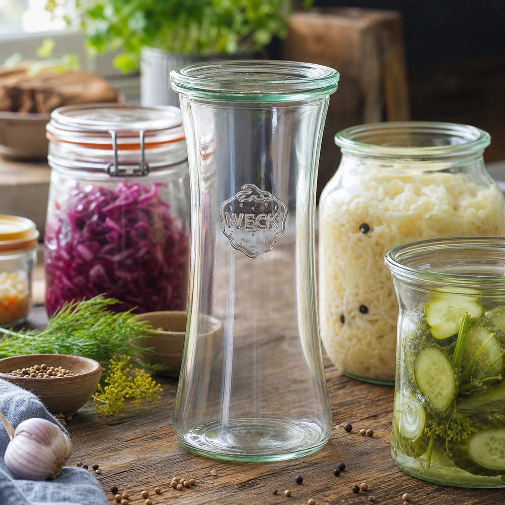 700ml delikatessburk med glaslock WECK RR80 WECK Delikatessenglas 700ml RR80 umgeben von selbstgemachten Fermentationsprodukten wie Sauerkraut und eingelegten Gurke