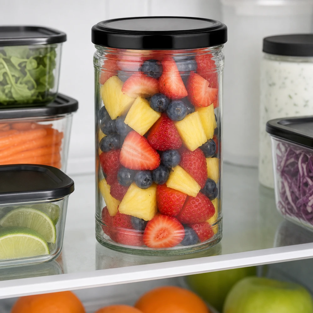1053ml Krossade glasögon med BasicSeal-lock svart UNiTWIST 1053 ml tummelburk med svart lock full med fruktsallad i kylen bredvid andra förvaringsburkar med grönsaker