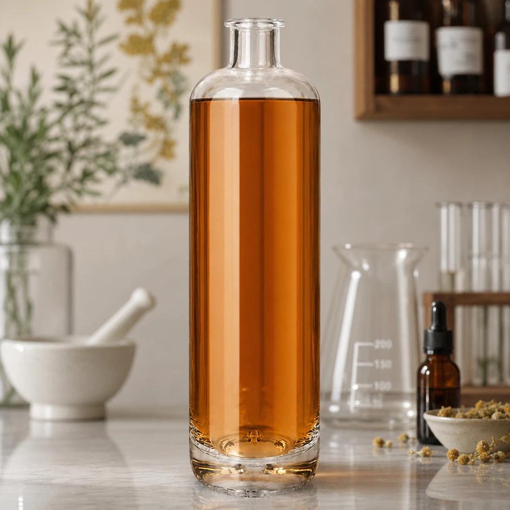 700 ml glasflaska Ella utan lock UNiTWIST® 700 ml Ella glasflaska fylld med bärnstensfärgad vätska mellan laboratorieglas och torkade örter