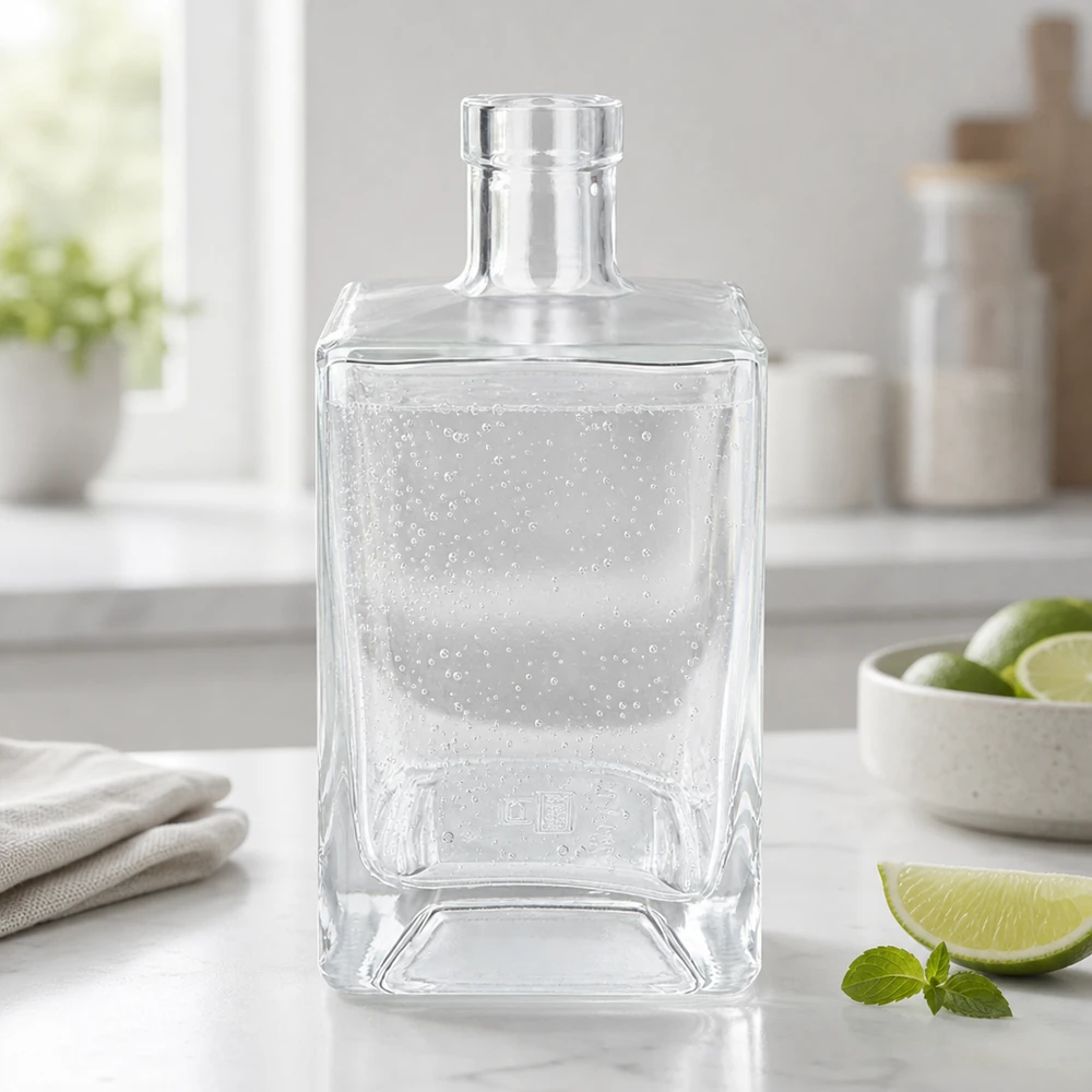 700 ml glasflaska Ben fylld med mineralvatten uppfriskande i moderna kök tillsammans med limefrukter och mynta