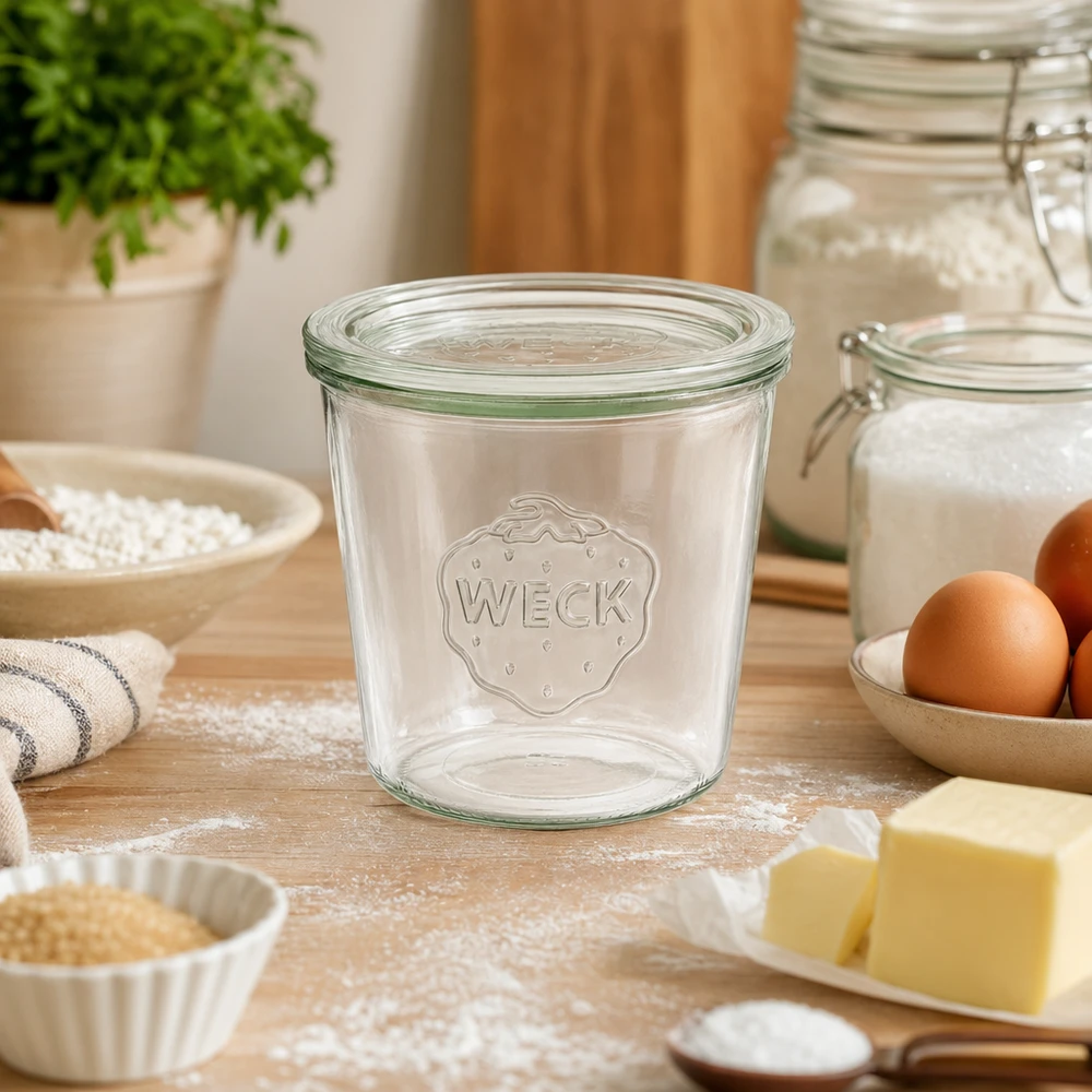 WECK 580 ml tumlare RR100 tom på bänkskiva av trä mellan bakingredienser som mjöl, ägg och smör i köket