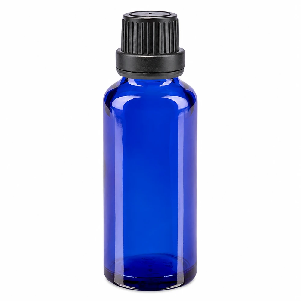 Apoteksflaska blå 30ml skruvkork svart manipuleringssäker förslutning 30 ml blå apoteksflaska i glas med svart skruvlock (11 mm) för eteriska oljor