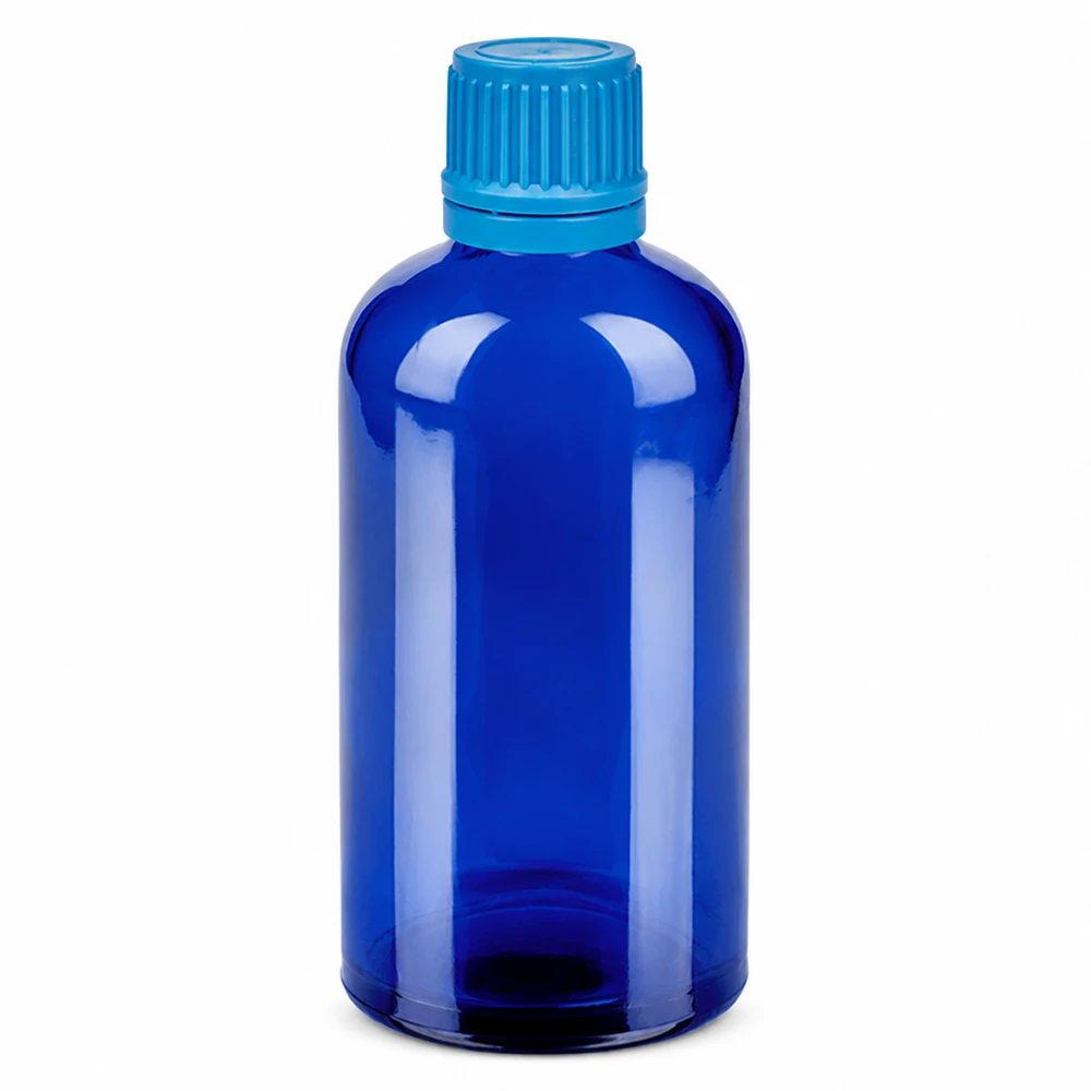 100 ml blå glasflaska med skruvlock för kosmetika och läkemedel