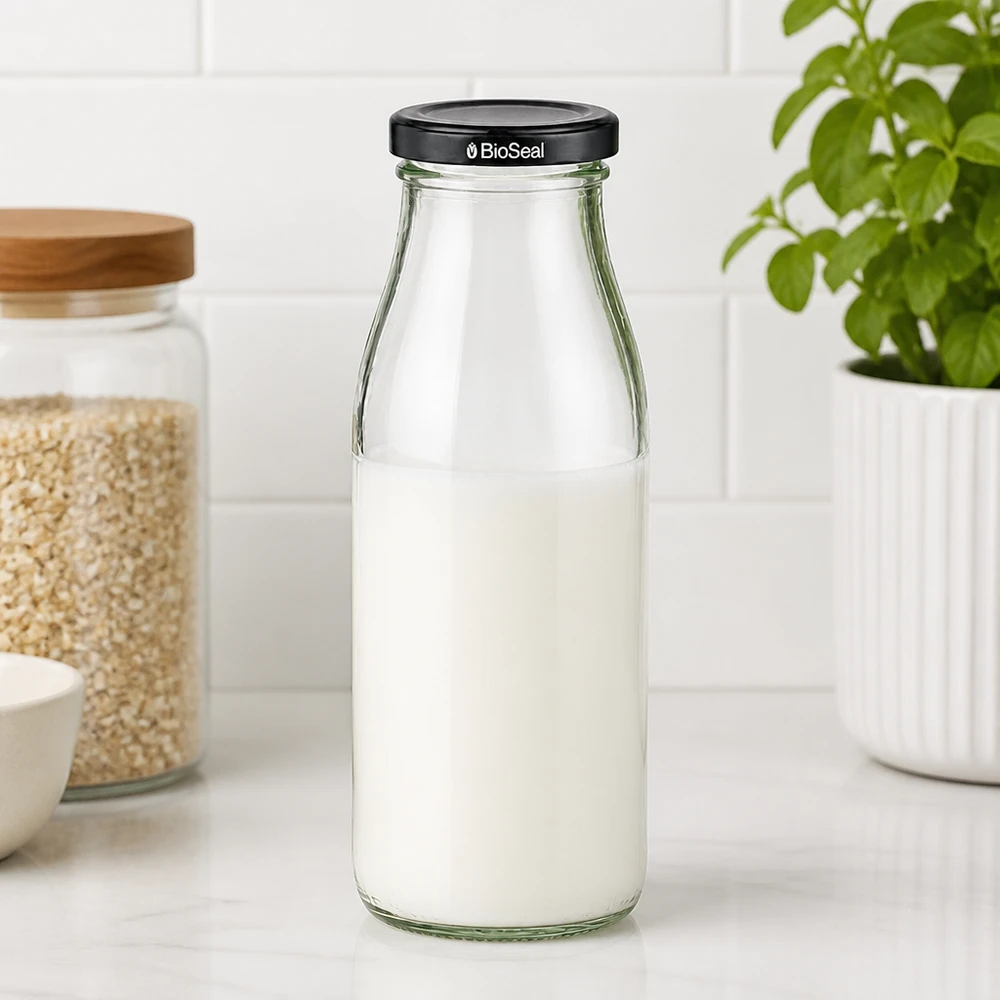 500 ml glasflaska + BioSeal-lock svart UNiTWIST 500 ml glasflaska fylld med mjölk och svart BioSeal-lock på köksbänken bredvid förvaringsburkar