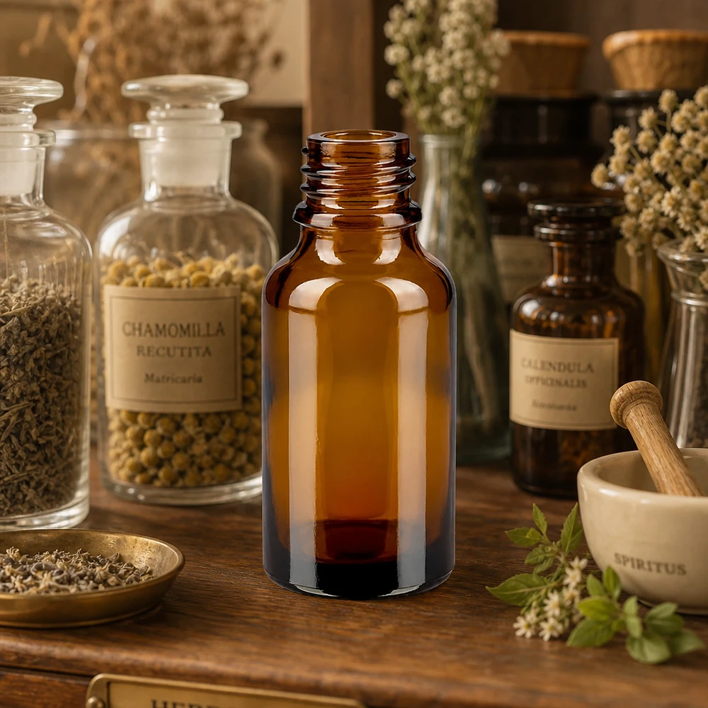 Droppflaska 30 ml DIN 18 bärnstensfärgat glas LOW SHAPE 30 ml brun apoteksflaska ApoGlas med mörk tinktur i traditionellt växtbaserat apotek bredvid mortel