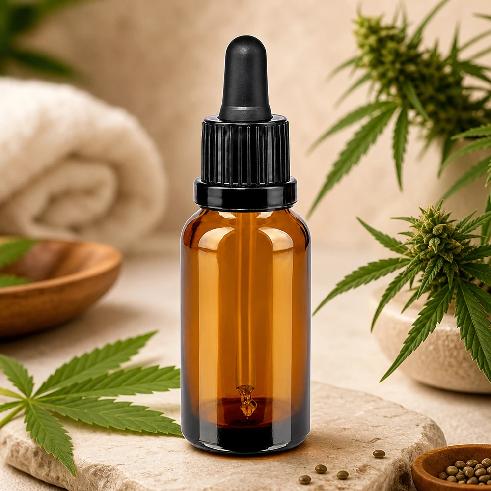 Kompakt 20 ml glasflaska med droppipett, perfekt för mobil användning av CBD och naturkosmetika
