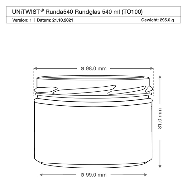 540 ml rund burk utan lock (TO100) UNiTWIST UNiTWIST Runda540 dricksglas 540ml TO100 teknisk ritning mått diameter 98mm höjd 81mm produktspecifikation