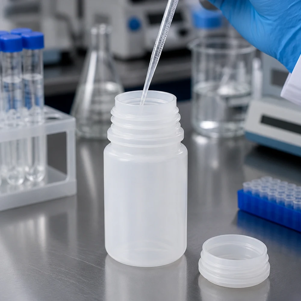 50ml laboratorieflaska med bred hals utan lock 50 ml genomskinlig plastflaska med vid hals utan lock och pipett vid påfyllning i laboratoriet