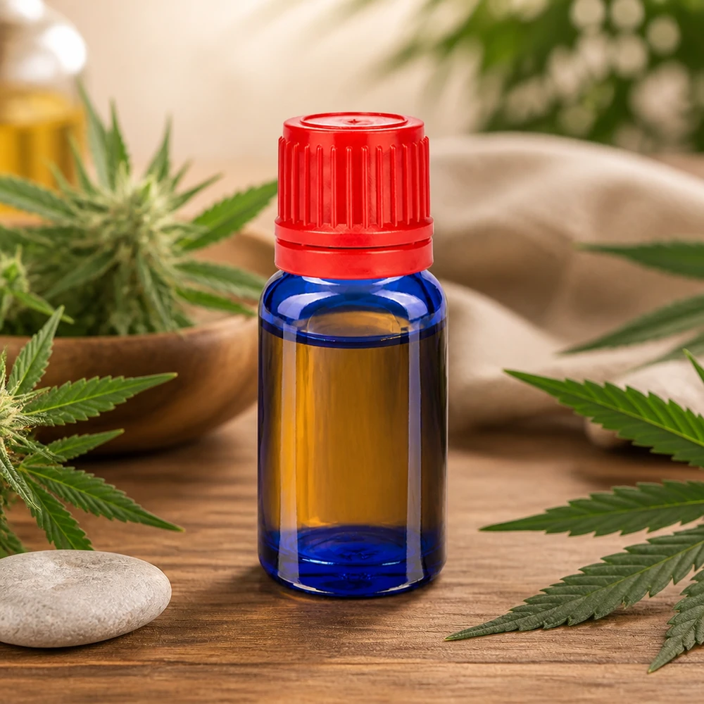 10 ml BlueLine-glasflaska med 11 mm rött lock, perfekt för CBD-olja och naturkosmetika