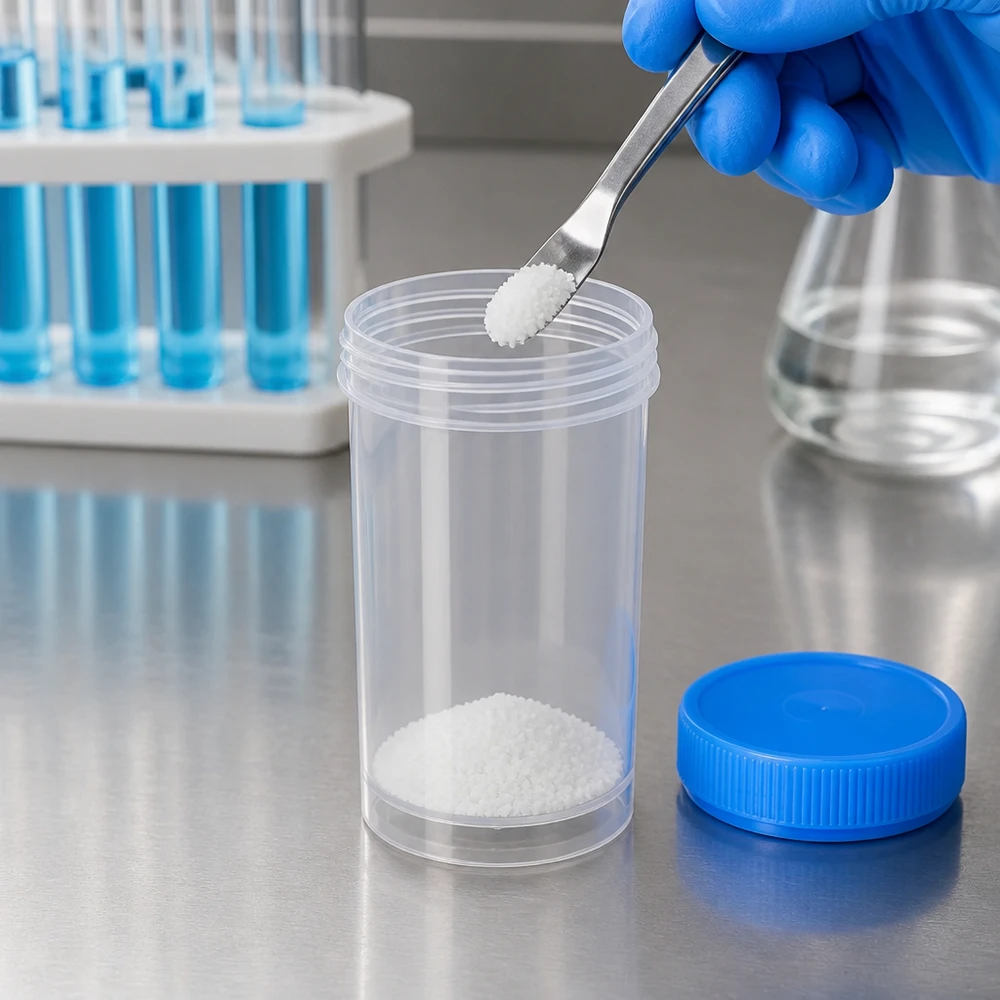 100 ml burk med vid hals av genomskinlig plast med blått lock för laboratorieprover
