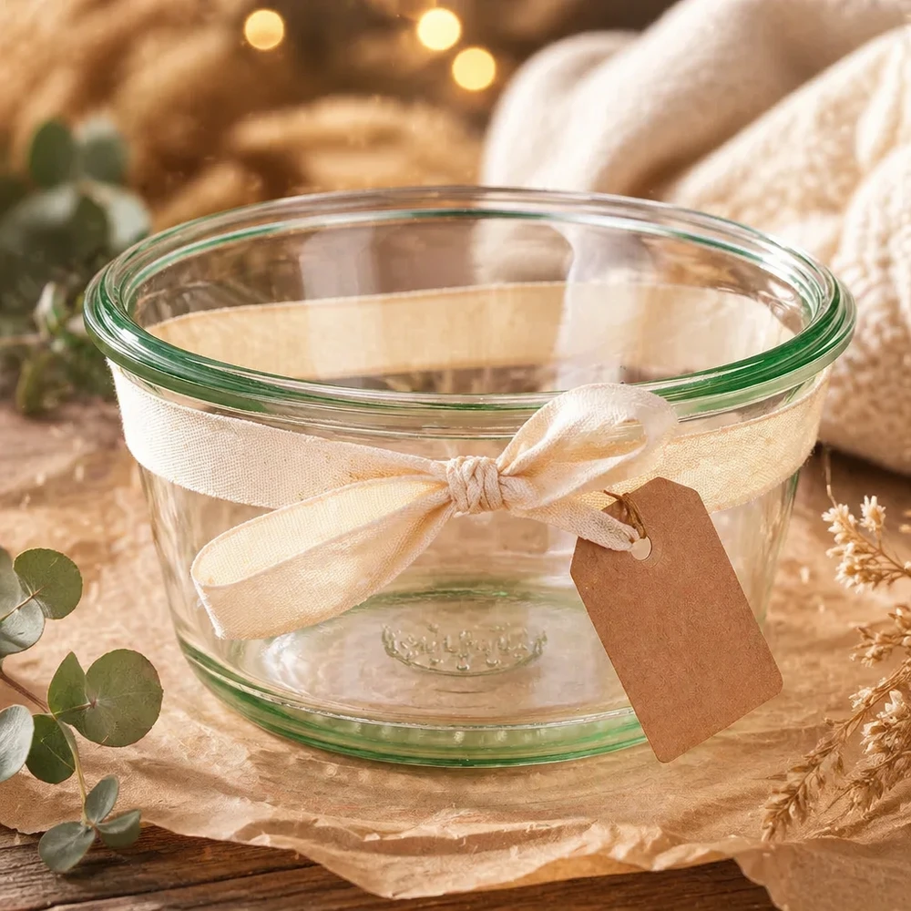 290 ml gourmetburk WECK RR100 WECK RR100 290ml Gourmetglas dekorativ mit Schleifenband und Anhänger als Geschenkidee auf natürlich gedecktem Tisch