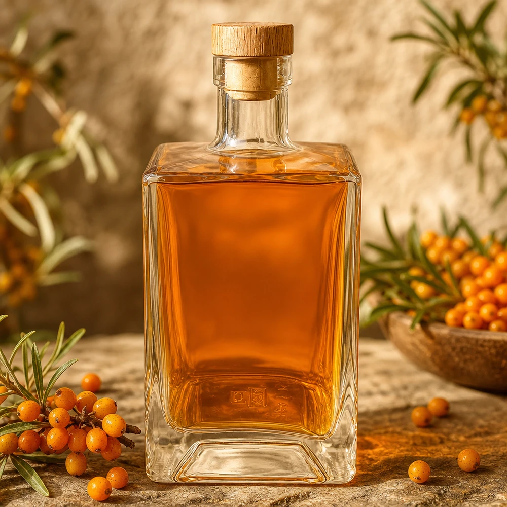 700 ml glasflaska Ben fylld med orange havtornslikör mellan havtornsbär naturlig dekoration UNiTWIST Ho