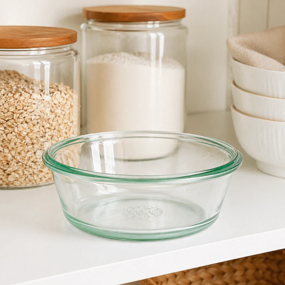 300 ml gourmetglas WECK RR120 WECK RR120 Gourmetglas 300ml leer auf weißer Küchenarbeitsplatte neben Vorratsgläsern zeigt klares Design