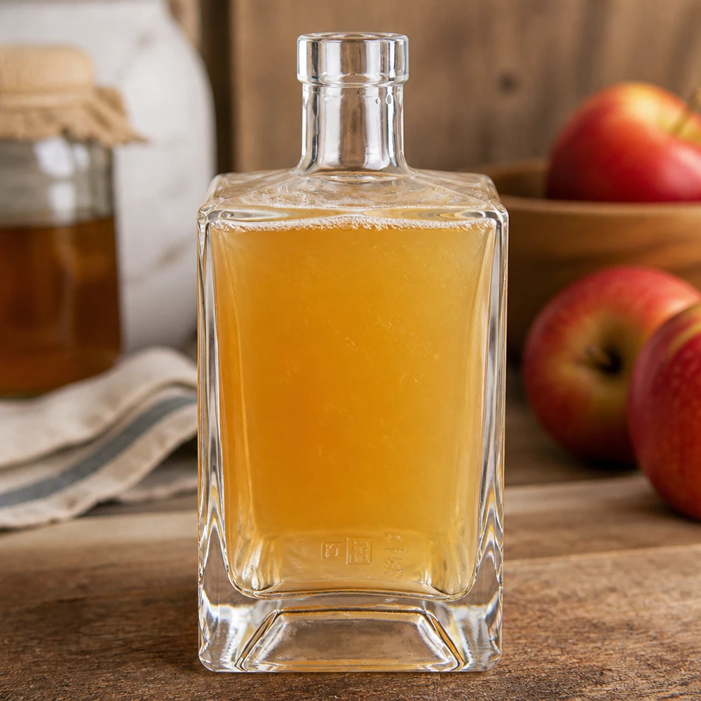 700 ml glasflaska Ben fylld med äppeljuice bredvid röda äpplen på träskiva naturlig köksatmosfär