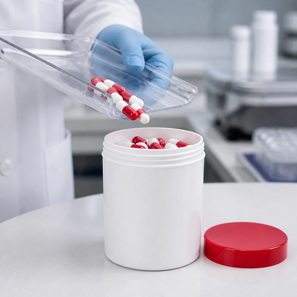 Salvburk 20g vit med rött skruvlock (polypropylen) Vit salvorburk på 20 g av PP med rött skruvlock vid påfyllning av kapslar i ett farmaceutiskt laboratorium