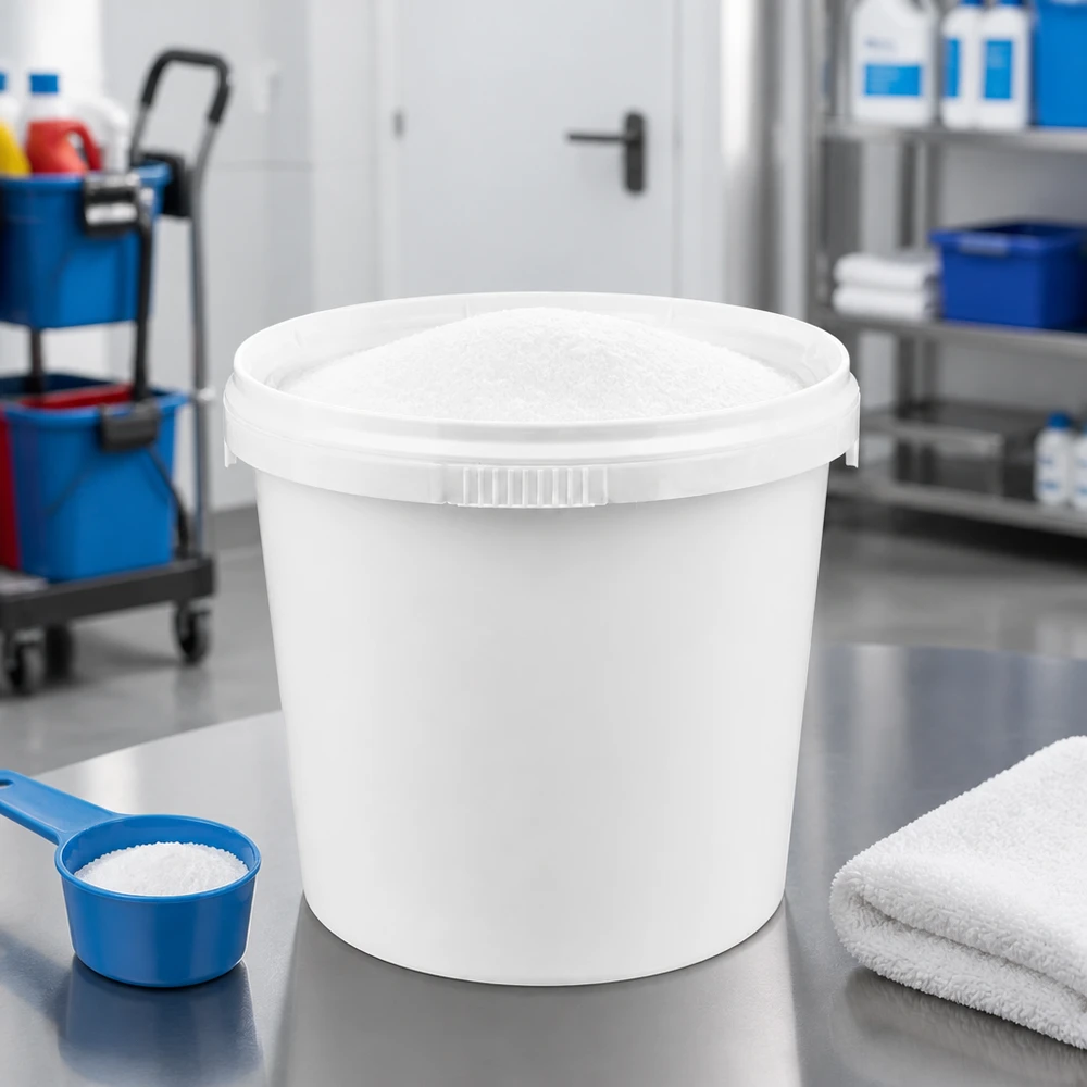 1 liters vit plasthink av polypropylen med lock Vit PP-plasthink på 1 liter med lock på ett bord av rostfritt stål i en städmiljö
