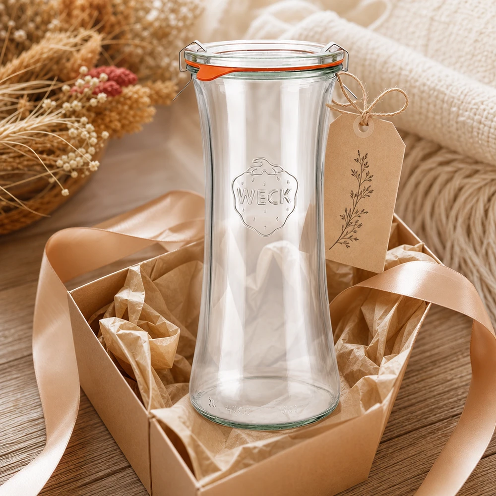 WECK delikatessburk 700ml RR80 presentförpackad med rosett och etikett i rustik dekoration