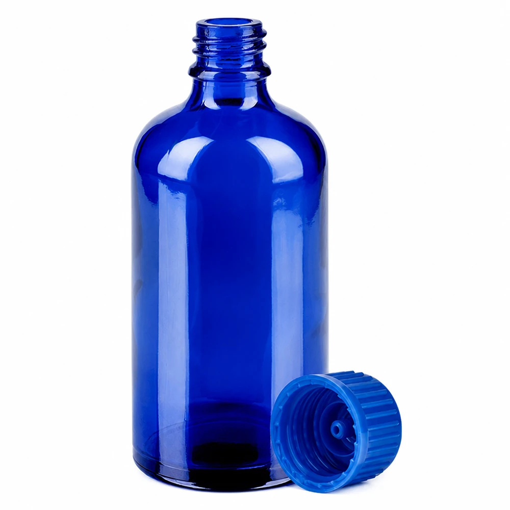 100 ml droppflaska blå med 11 mm gänga för eteriska oljor och essenser