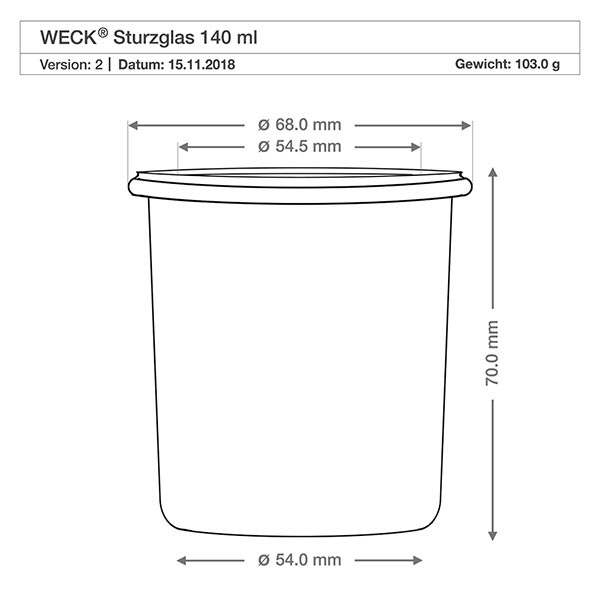 140 ml Krossade glasögon WECK RR60 WECK 140ml RR60 murarburk med mått och teknisk ritning för konserveringsburk
