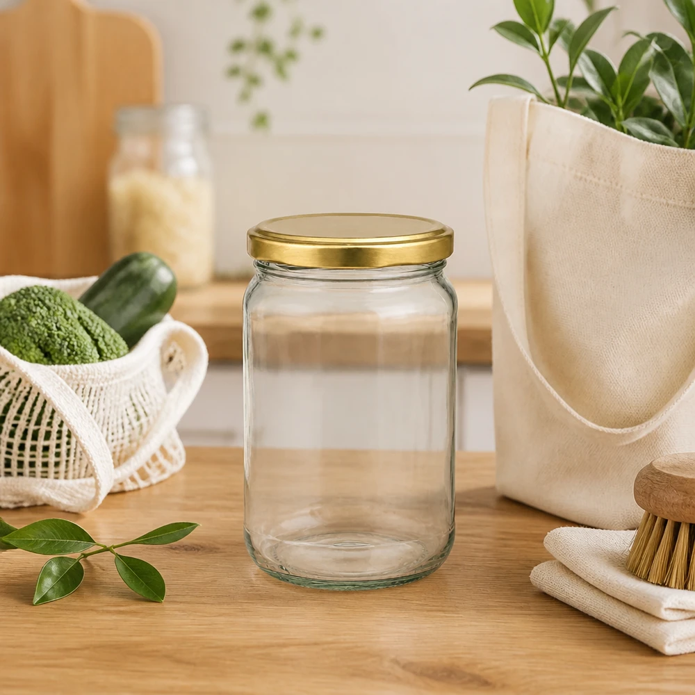 Rund burk 305 ml med guld lock BasicSeal UNiTWIST 305ml Rundglas BasicSeal UNiTWIST gold in nachhaltiger Küchenszene mit Öko-Tasche und Zero-Waste-Zubehör