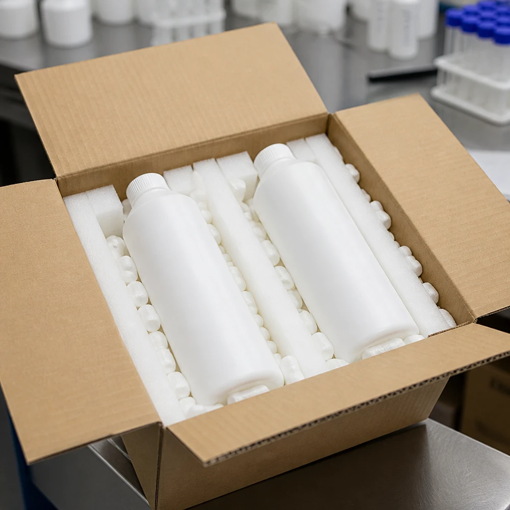 HDPE-apotekflaska, 250 ml, vit, i kartongförpackning med skumplastfyllning