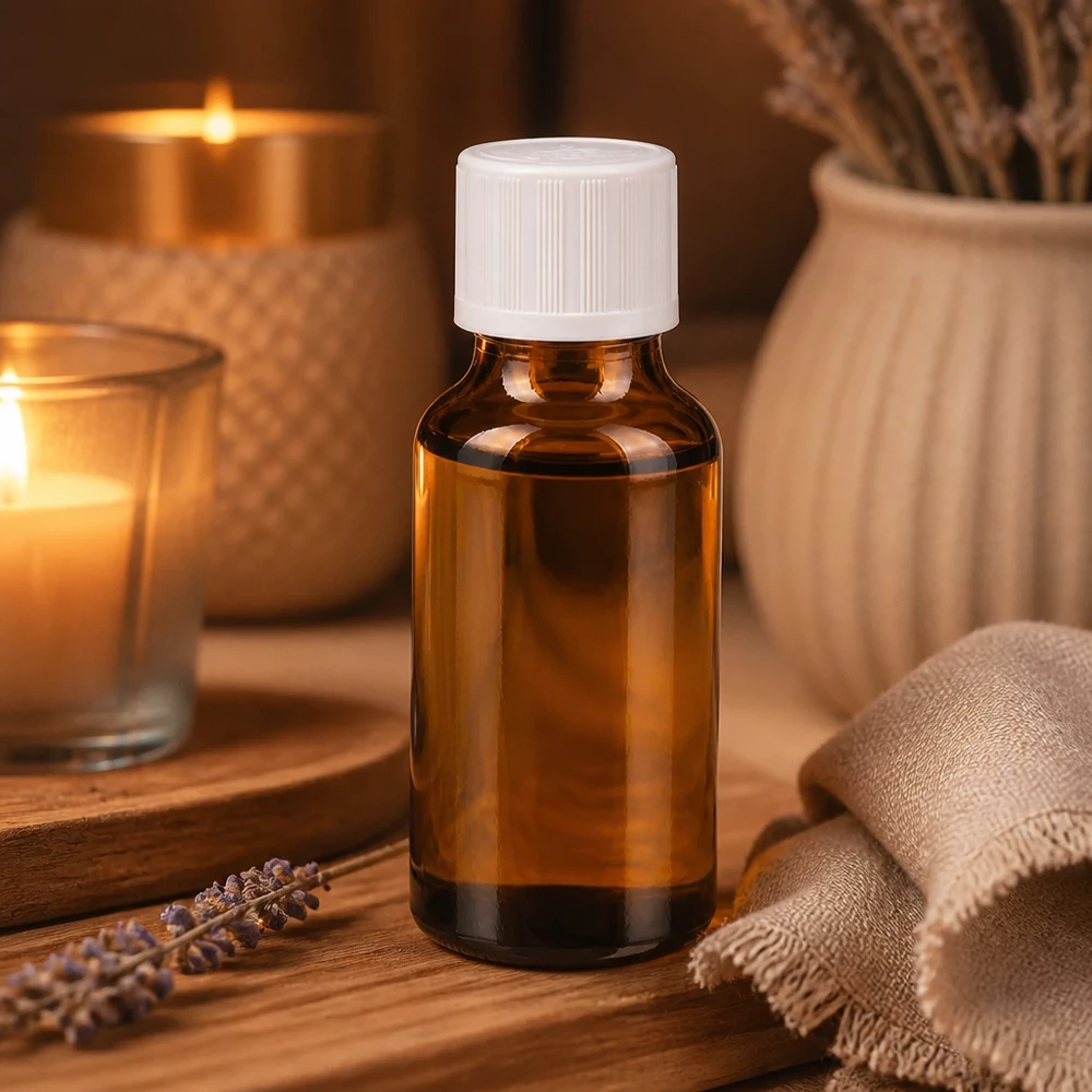 20 ml apotekarflaska i bärnstensfärgat glas med vitt säkerhetslock och lavendel-dekoration på en träbricka