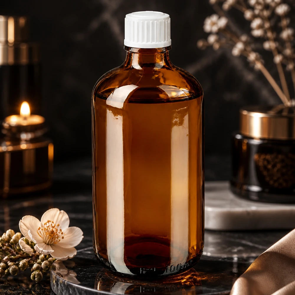 Bärnstensfärgad glasflaska på 100 ml med vit doseringskork för naturkosmetik och aromaterapi