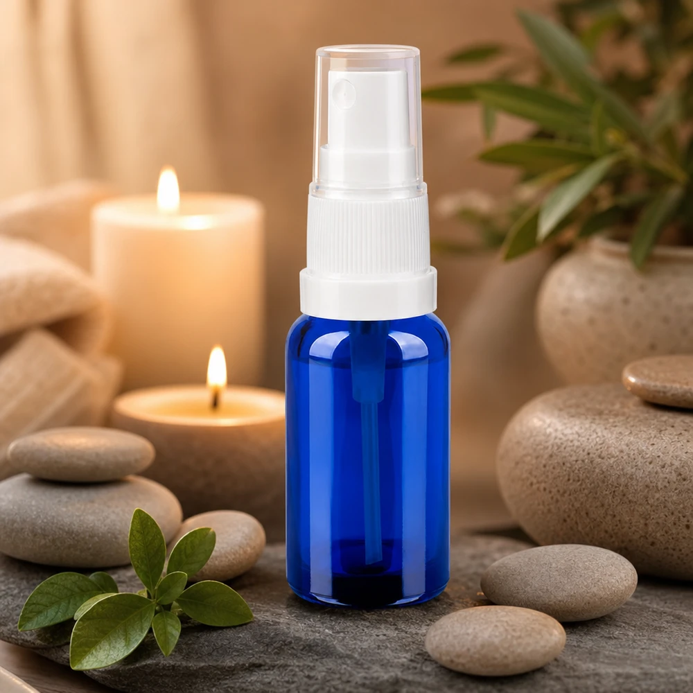 Blå 20 ml sprayflaska i glas med vit atomiserare för DIY-kosmetika och naturprodukter