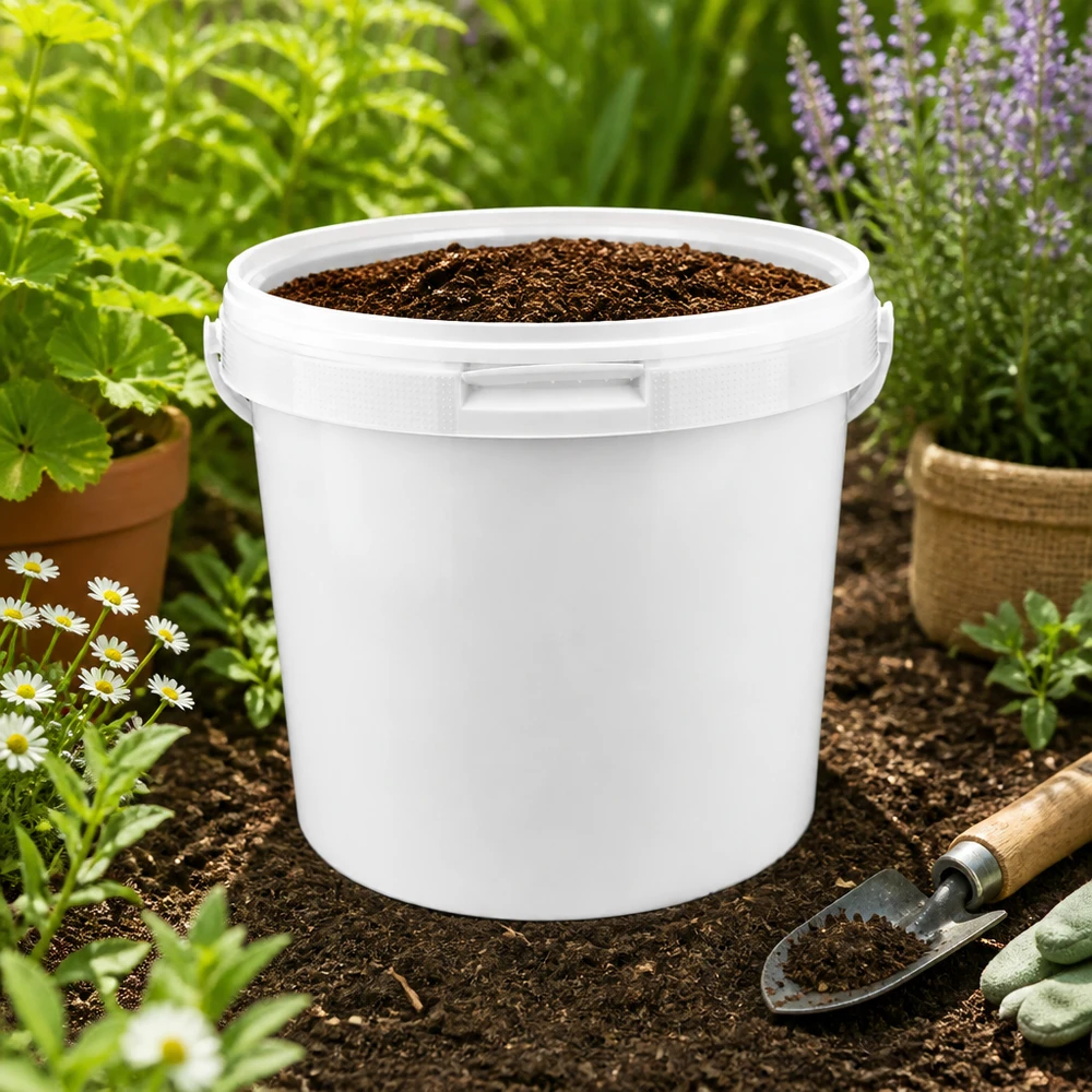 Hink i vit polypropenplast 5,6 l med lock Trädgårdshink 5,6 l av vit PP-plast med lock för jord, kompost och växtvård