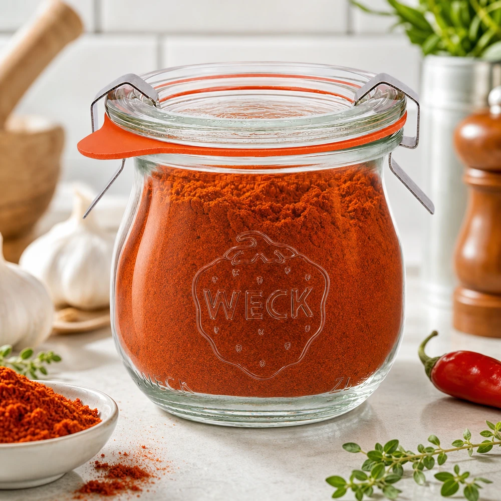 WECK tulpanburk 75ml RR40 fylld med paprikapulver i medelhavskryddkök med färska örter och chili