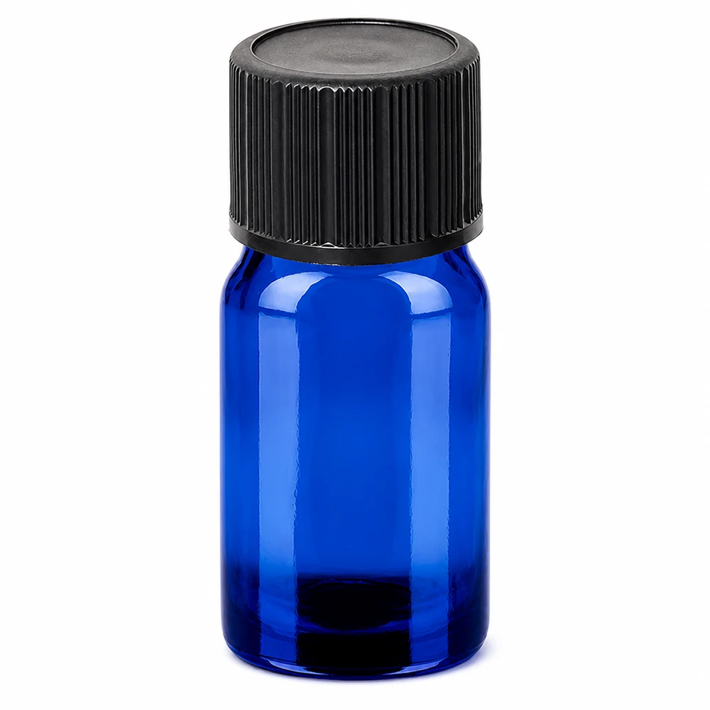 5 ml droppflaska 1 mm svart standardlock BlueLine UT18/5 5 ml droppflaska i blått glas med svart skruvlock för eteriska oljor och tinkturer
