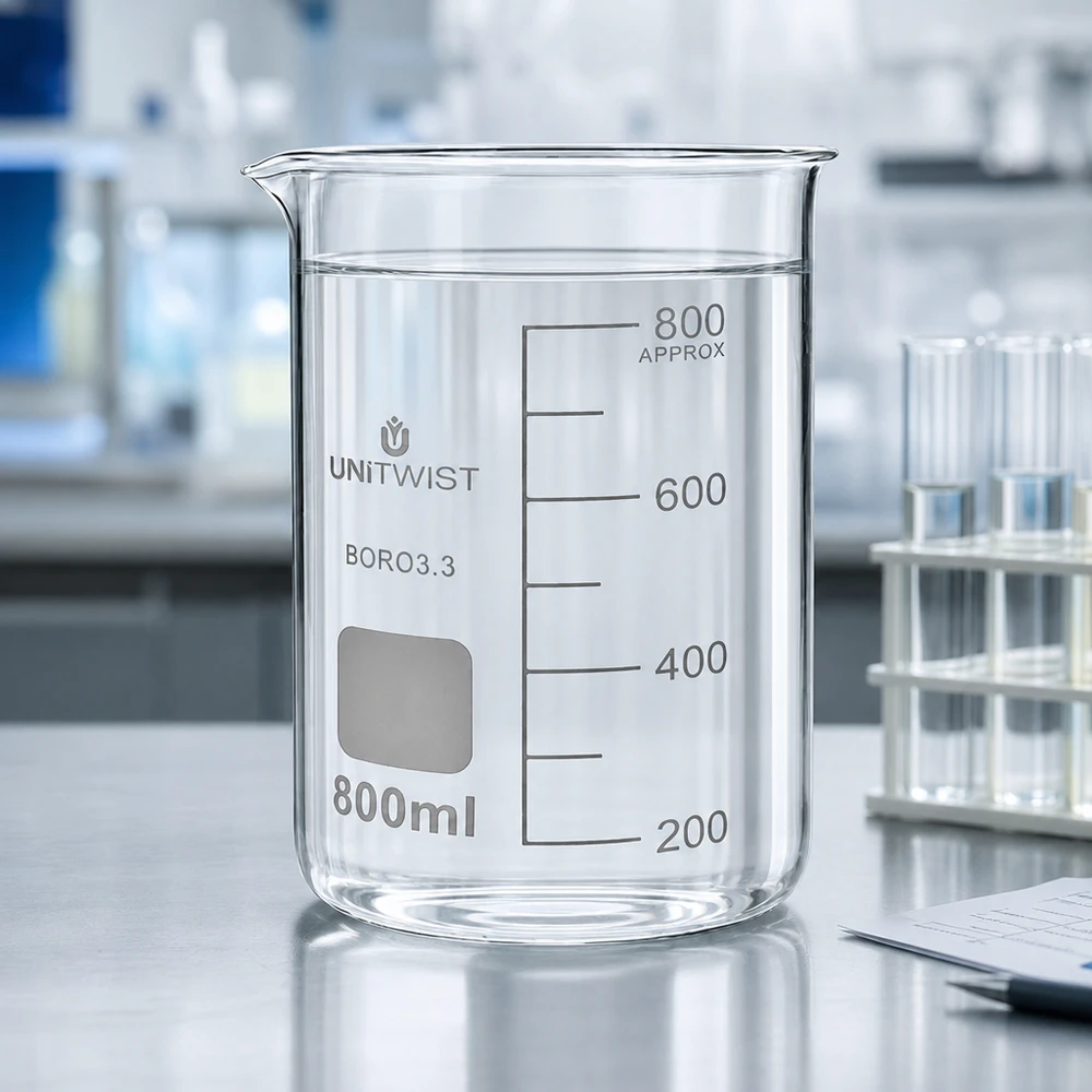 Bägare 800ml borosilikat, högformad UNiTWIST Genomskinligt bägarglas, 800 ml, hög modell, UNITWIST BORO3.3, på ett vitt laboratoriebord med provrör